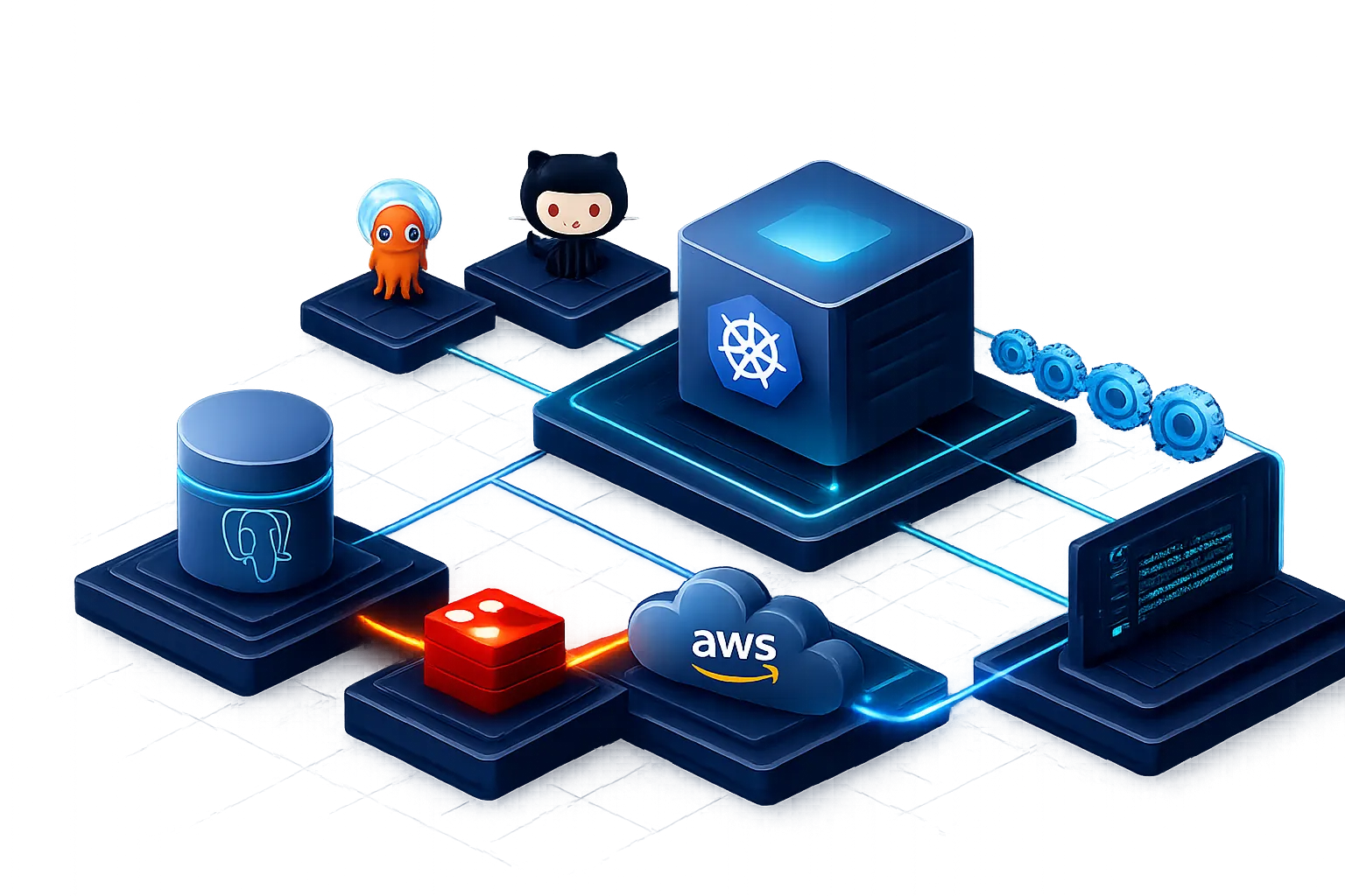 Kubernetes, PostgreSQL databases, cloud infrastructure, and a development terminal connected in a deployment network.